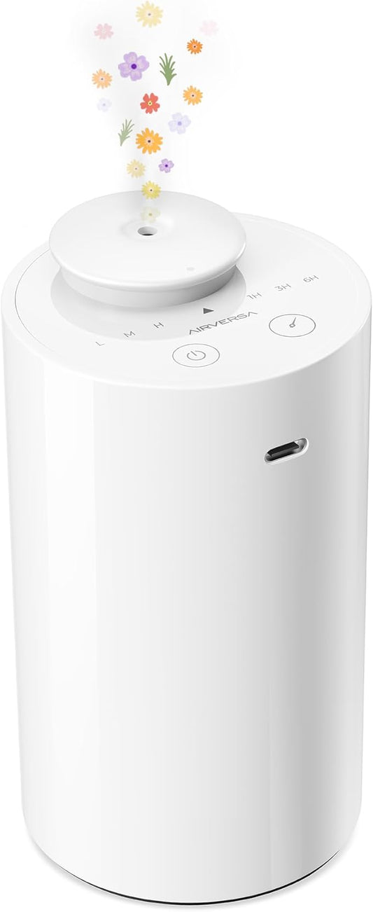 Waterless Diffuser for Essential Oil, Battery Operated Nebulizer, 0.7 Fl.Oz./ 20mL Capacity, Mini Scent Air Machine, 3 Countdown Timers & 3 Mist Levels for Home, Room, Car, Office - AN6 White