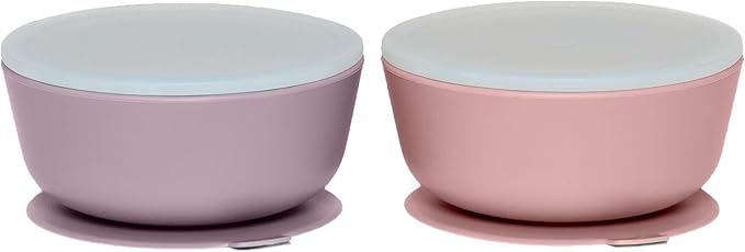 WeeSprout Suction Bowls for Baby & Toddlers (Set of 2) - 100% Silicone w/Plastic Lid - Leak Proof Feeding Supplies - Dishwasher & Microwave Safe Infant Dinnerware w/Extra Strong Base