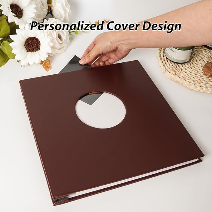 RECUTMS Photo Album Self Adhesive with Round Window 4x6 5x7 6x8 8x10 Magnetic Scrapbook with 40 Pages Leather Cover DIY Photo Album with Metallic Pen and Scraping Plate (Brown)