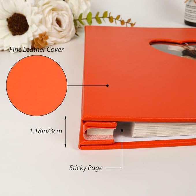 RECUTMS Photo Album Self Adhesive with Round Window 4x6 5x7 6x8 8x10 Magnetic Scrapbook with 40 Pages Leather Cover DIY Photo Album with Metallic Pen and Scraping Plate (Orange)