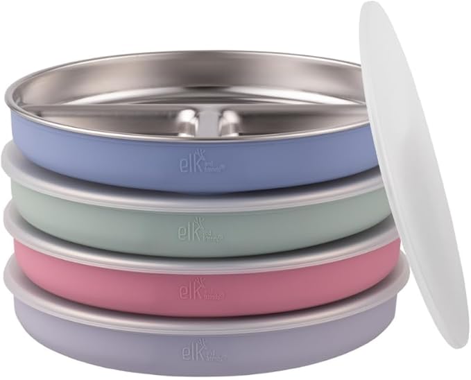 Stainless Steel Divided Plates + Silicone Sleeve and Storage Lid | Baby, Toddler, Kids | Dinner & Snack Plates | 4 Pack
