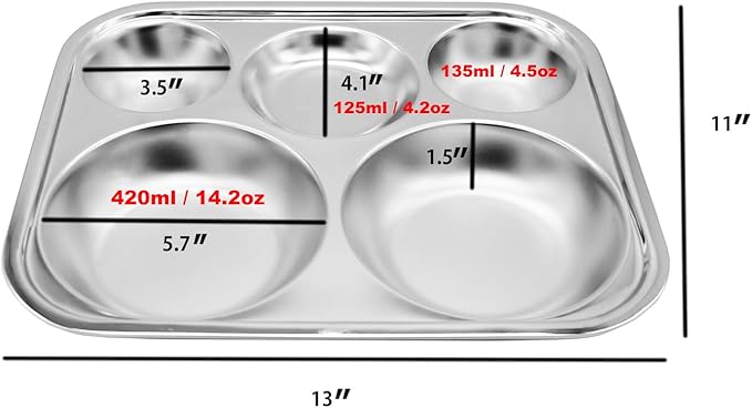 Korean Stainless Steel Divided Plates, Food Grade 304 Tray Large Size for Adults, Teens, Picky Eaters, Campers, BPA Free, Diet Portion Control, Serving Platter, Dinner Snack, Set of 2