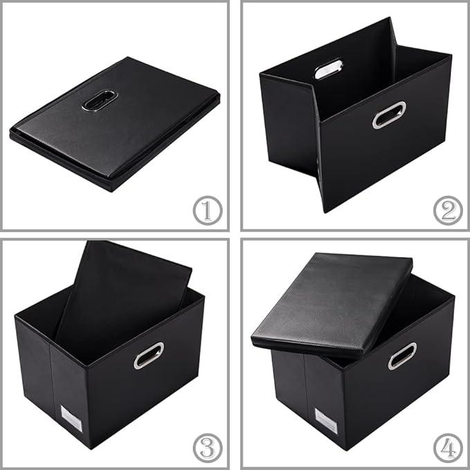 PRANDOM Extra Stackable Storage Bins with Lids [3-Pack] Leather Fabric Foldable Storage Boxes Organizer Containers Baskets Cube with Cover for Bedroom Closet Office Nursery Black (22.8x15.7x13.8)