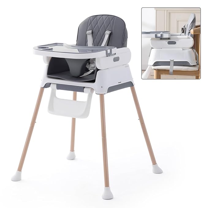 3 in 1 Baby High Chair,Adjustable Convertible Infant Baby Feeding Chair Booster for Eating with Detachable Double Tray,5 Point Harness,Deep Gray