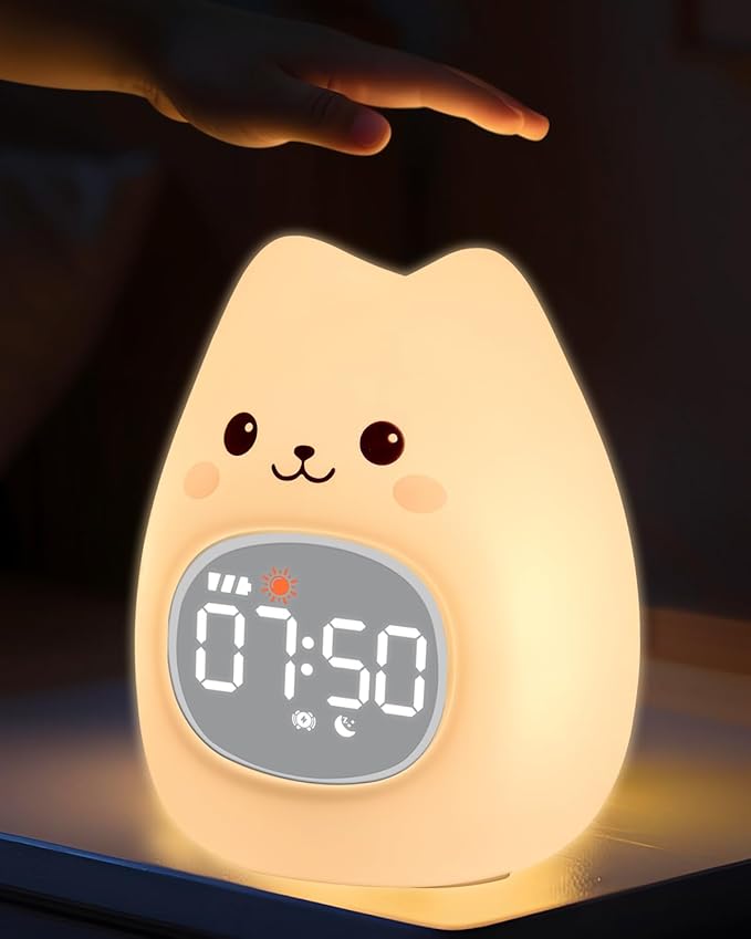 Cat Alarm Clock for Kids with Night Light, Sleep Training Clock Time to Wake Clock, Rechargeable Silicone Light for Bedroom, Perfect Sleep Companion for Boys Girls