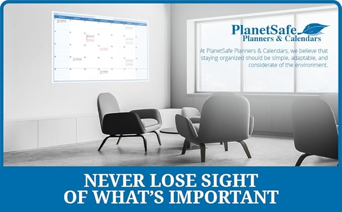 Vertical 56"h x 36"w blue 30-day/1-month dry-erasable wall planner calendar. Complete with dry-erase marker and eraser