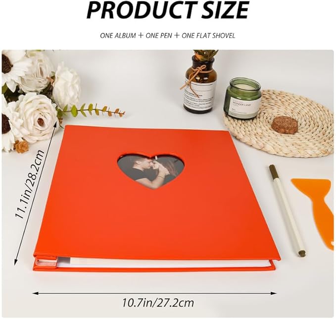 RECUTMS Photo Album Self Adhesive Scrapbook Album with Love Window for 4x6 5x7 8x10 Pictures Leather Magnetic Scrapbook Album DIY 40 Pages with Metallic Pen and Scraping Plate (Orange)