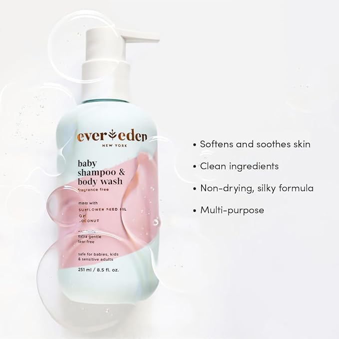 Evereden Baby Shampoo & Body Wash 2-in-1, 8.5 fl oz | Gentle, Non-Toxic, Fragrance-Free, Hydrating Formula for Sensitive Skin