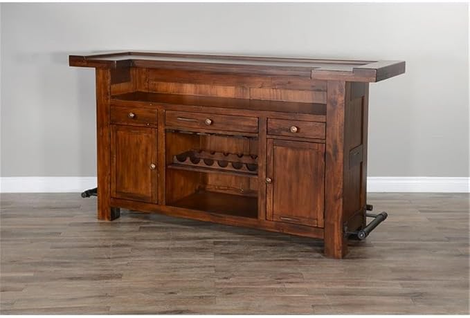 Pemberly Row Set of 3 Polished Brown Wood Bar Unit & 2 Swivel Barstool - Image 9