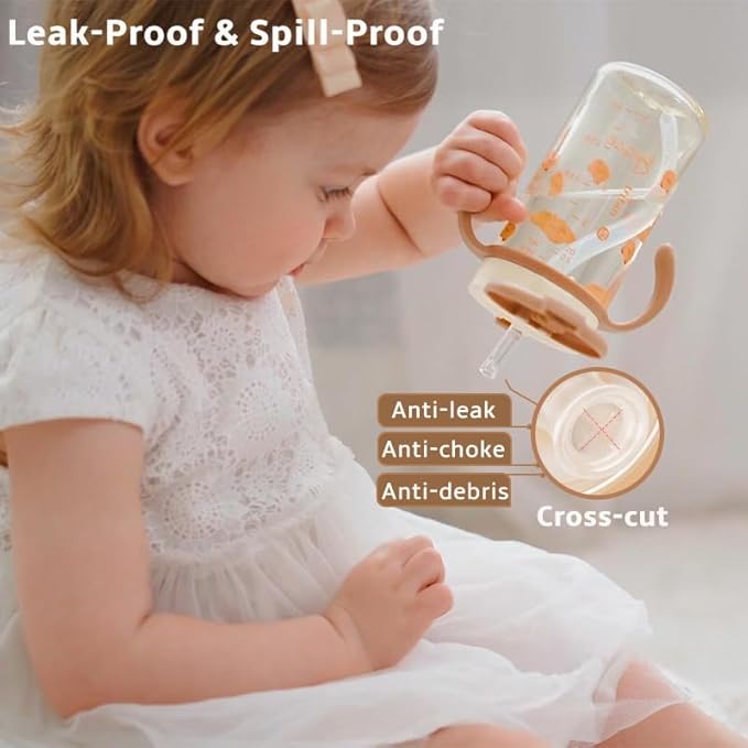 Evorie Tritan Spill Proof Toddler Straw Sippy Cup, 10 oz for Baby and Toddlers 1-3 Years Old, No Spill Straw Water Bottle with Removable Handles, Ideal for School, BPA-Free, Honey Bear
