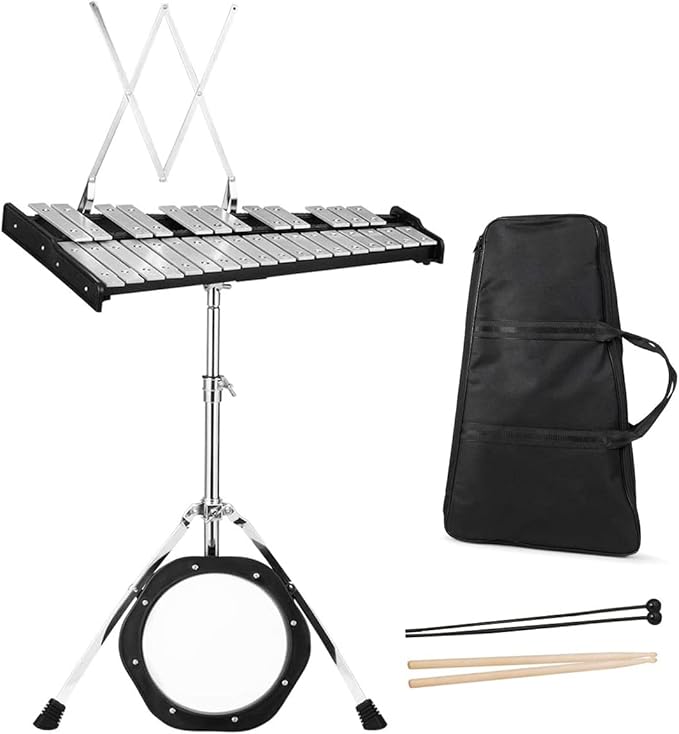 Giantex Percussion Glockenspiel Bell Kit 30 Notes, Xylophone with Adjustable Height Frame, Music Stand, 8" Practice Pad, Bell Mallets, Drumsticks, Carrying Bag, for School Band Beginner Student