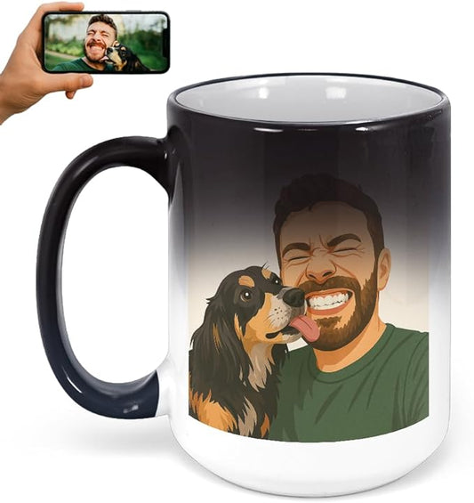 Personalized Coffee Mug, Custom Drawing Portrait Gift, Funny Customized Coffee Gift for Men & Women, Custom Mugs with Pictures, Black - Color Changing 15oz Father's Day Mug
