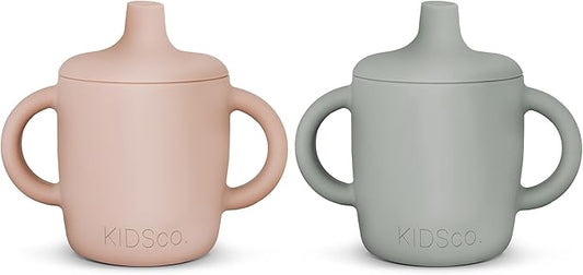 Silicone Sippy Cups with Easy Grip Tranition Handles and a Soft Spout. A Non Toxic No Spill Unbreakable Training Cup. 150ml/5oz |2-PACK Pink and Grey Mist|