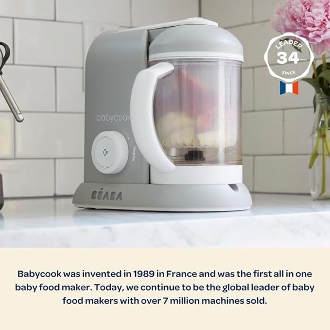 BEABA Babycook Solo 4 in 1 Baby Food Maker, Puree Steamer and Blender for Purees, Grinder with Auto Steam Cooking, Lrg Capacity 4.5 Cups 27 Servings in 20 Mins, White