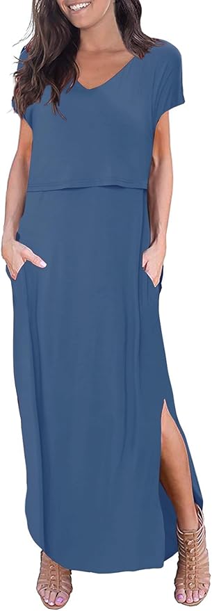Smallshow Women's Maternity Nursing Dresses Split Long Dress for Breastfeeding
