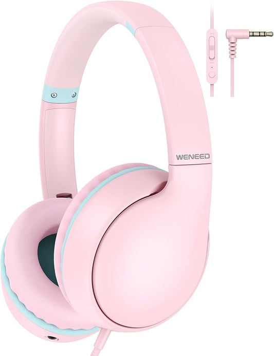 Kids Headphones Wired with Microphone, Over Ear 85/94dB Volume Limited Headphones with Share Port, Stereo Sound Foldable Headset for Teens/Boys/Girls - Pink