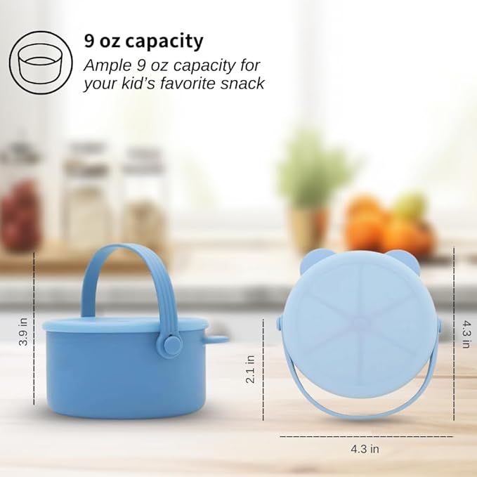 Silicone No Spill Snack Cups for Toddlers – Portable Baby Snack Cup Containers with Dustproof Lid – Dishwasher-Friendly Toddler Spill Proof Cups Without BPA, Lead, or Phthalates – Blue and Beige