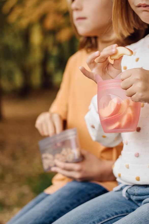 Zip Top Reusable 100% Silicone Baby + Kid Snack Containers - The only containers that stand up, stay open and zip shut! No Lids! Made in the USA - Pink Pig