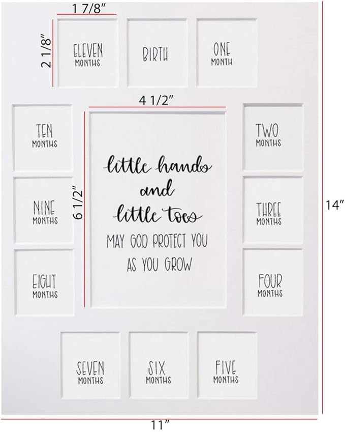Rustic Red Door Co. Baby's First Year Picture Mat - Barnwood Frame - Little Hands and Little Toes Photo Collage - 13 Picture Slots - Newborn to One Year Birthday - Watch Your Baby Grow (White Mat)
