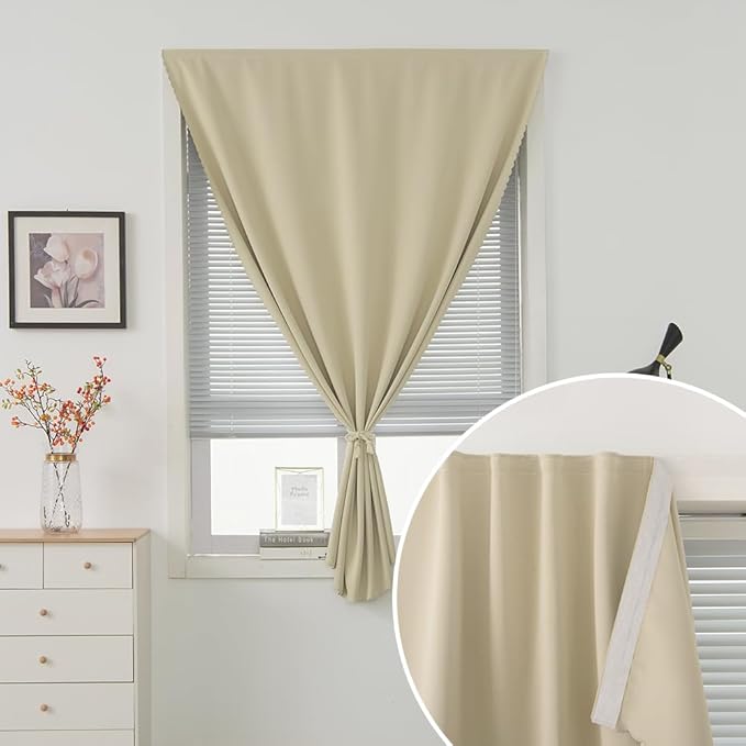 Self Adhesive Portable Blackout Curtains for Bedroom Easy to Install Window Thermal Lnsulated Kitchen Room Darkening Small Window Curtains, Cortinas Para Cuarto, 47"W X 59"L, Beige, 1 Panel