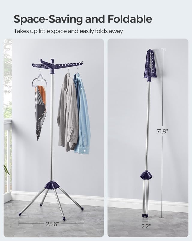 SONGMICS Clothes Drying Rack, 59-Inch High Folding Laundry Drying Rack with 3 Rotatable Arms for Hangers, 4 Legs, Stainless Steel, for 27 Pieces of Clothes, Blue and Silver ULLR510Q01