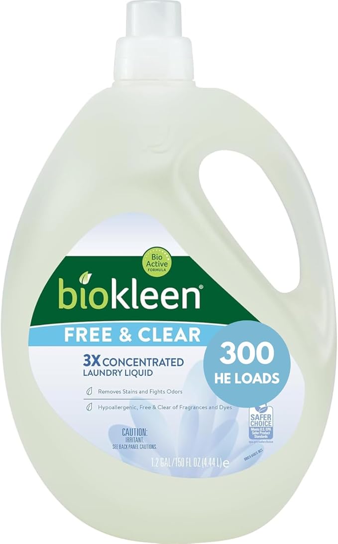 Biokleen Free & Clear Natural 3X Concentrated Liquid Laundry Detergent, 300 Loads, Plant-Based, Hypoallergenic, Removes Stains & Fights Odors, Dye Free, Unscented