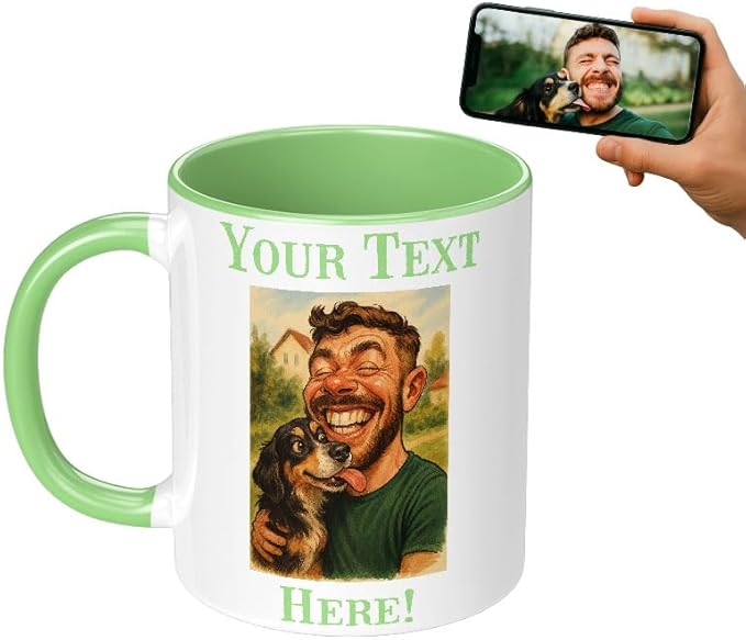 Personalized Coffee Mug, Custom Photo Caricature Gift, Funny Customized Coffee Gift for Men & Women, Custom Mugs with Pictures, Light Green 11oz Customized Ceramic Tea Cup