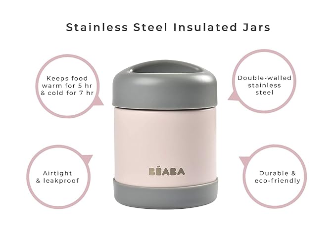 Beaba Stainless Steel Insulated Food Jar 10 oz, Kids Thermos, Lunch Containers, Leakproof, Wide Opening, Suitable for Hot and Cold Foods (Sage)