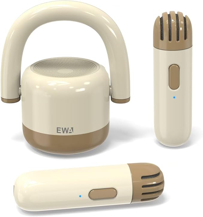 EWA Portable Mini Metal Karaoke Machine, Bluetooth Karaoke Speaker with 2 Wireless Microphones, Ideal Gifts for Girls Boys Family Home Party Birthday Christmas Toys Gifts-(Beige)