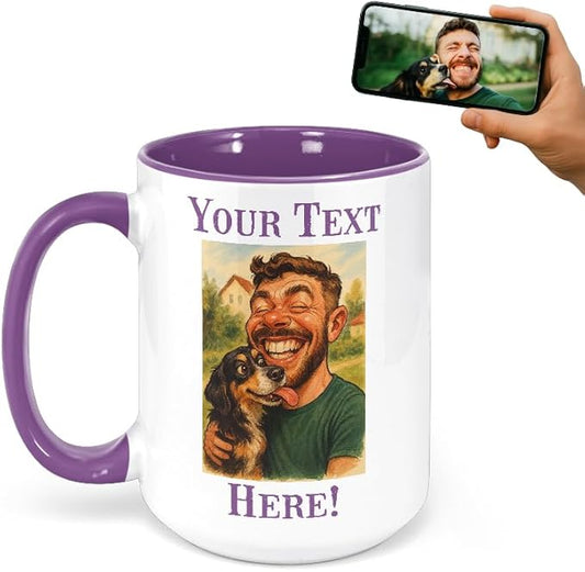 Personalized Coffee Mug, Custom Photo Caricature Gift, Funny Customized Coffee Gift for Men & Women, Custom Mugs with Pictures, Purple 15oz Customized Ceramic Tea Cup