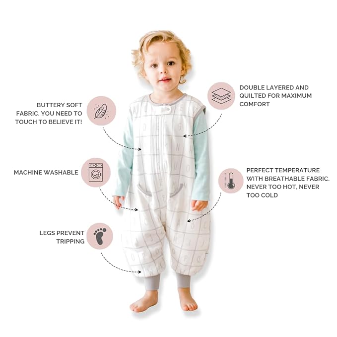 Tealbee Dreamsuit: Toddler Sleep Sack with Feet 12-18 months, 18-24 months - 1.2 TOG All Season Baby Wearable Blanket for Walkers - Rayon made from Bamboo, Organic Cotton Sleep Bag (12m-2T) - Alphabet
