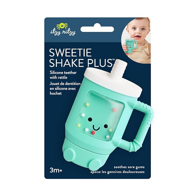 Itzy Ritzy Silicone Rattle Teether– BPA-Free Silicone Teether with Rattle for Babies & Toddlers – Features a Gentle Rattle Sound, Colorful Beads & Multiple Textures (Travel Cup)
