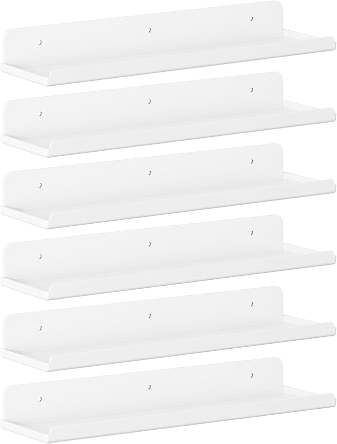 Lifewit Floating Shelves for Wall, 6 Pack White Acrylic Shelf 15" Room Decor for Bookcase/Vinyl Record Display/Photo/Picture in Bedroom, Living Room, Bathroom, Kitchen Storage and Organization