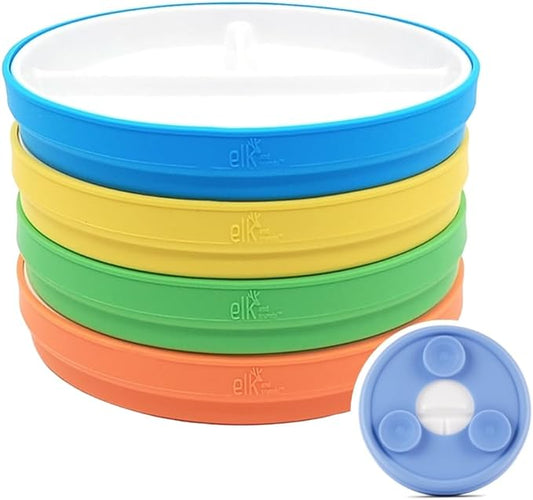 Elk and Friends Kids 6.7” Porcelain Divided Plates with Silicone Suction Sleeves | Suitable for Babies/Kids/Toddlers | Microwave & Dishwasher Safe | Non Slip | Snack Dishes | 4 Pack