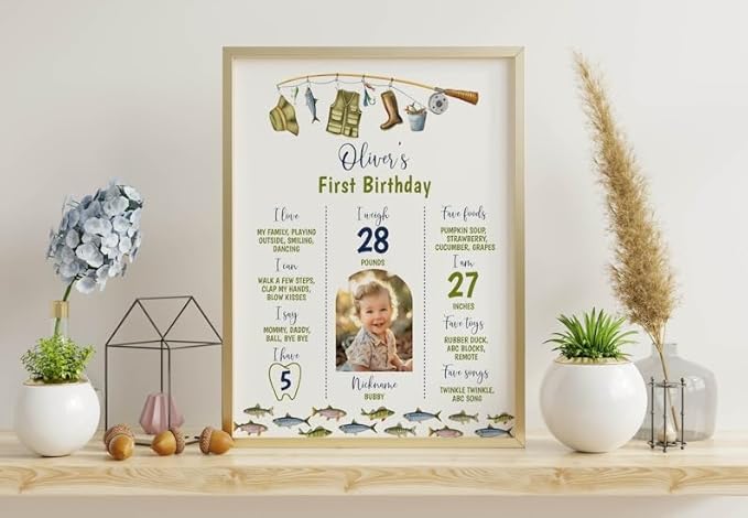Generic Personalized Fishing Milestone Board, Big One 1St Birthday Milestone Poster, O-Fish-Ally Birthday Photo Milestone Sign, Design 016
