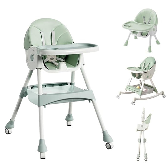 High Chairs for Babies and Toddlers, 4 in 1 Convertible Baby High Chair, Portable High Chair for Travel with Adjustable Height and Back, Foldable HighChair with Wheels& Pu Cushion (Green)