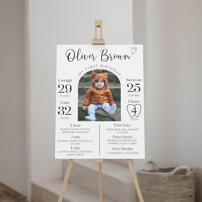 Personalized First Birthday Milestone Sign, Modern 1St Birthday Milestone Poster, One Year Of Baby Photo Milestone Board, Design 013