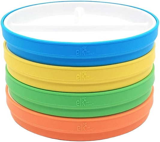Elk and Friends Kids 7.8” Porcelain White Plates with Silicone Sleeves | Divided Plates | Suitable for Kids/Toddlers | Microwave & Dishwasher Safe | Non Slip | Snack Dishes…