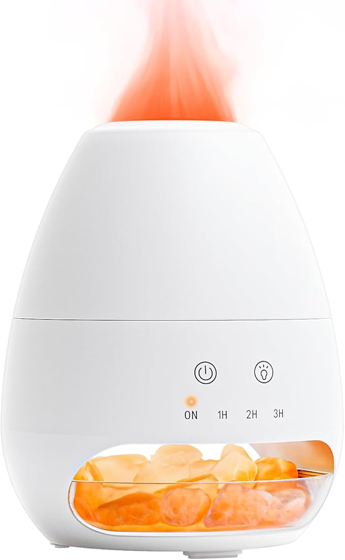 Ultrasonic Essential Oil Diffuser with Himalayan Salt Rock,Flame Oil Diffuser with 2 Color Light,Small Aromatherapy Oil Diffuser with Auto Off Function for Home, Office,Spa,100ML