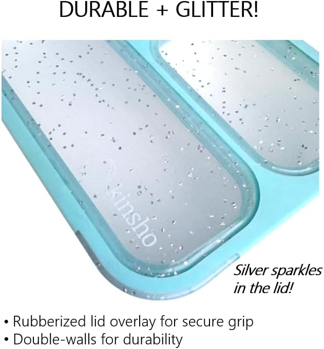 kinsho Glitter Bento Snack Containers with Lids, Mini Bento-box Lunch-Box for Toddler Daycare and Small Kids, Travel Meal Container, Leak-proof 2 pack Set, Pastel Blue + Teal Sparkle