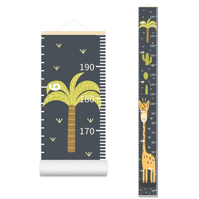 Baby Height Growth Chart - Canvas Height Chart for Kids Baby Child Toddler Boys Girls Growth Chart for Wall Room Nursery Decor Hangable and Removable Measuring Wall Ruler (Cactus Giraffe, Beige Wood)
