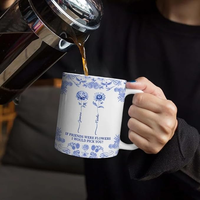 Personalized Mug - Toile De Jouy Birth Flower Grow An Old Friend - Trendy France-China Inspired Design - Christmas Birthday Gift for Girl Friends Besties BFF Best Friend Wildflower Floral Frame