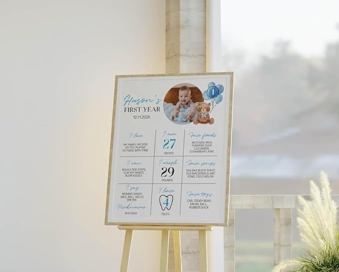 Personalized Beary First Birthday Milestone Poster, Teddy Bear Birthday Milestone Sign, Modern Bear Birthday Stats Board, Design 05