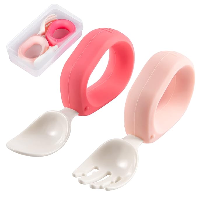 Baby Self Feeding Training Spoon and Fork Set with Travel Case, BPA-Free Cute Circle Toddler Training Utensils, Silicone/ABS Great Tableware Set Spoons Fork for Kids (Pink& Light Pink)