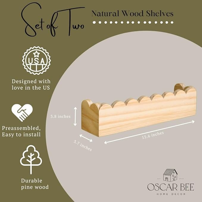 Set of 2 Scalloped Nursery Shelves – Preassembled Floating Cloud Wall Bookshelf for Kids, Baby & Toddler Room – Montessori Nursery Shelves – Kids Wall Book Shelf Display