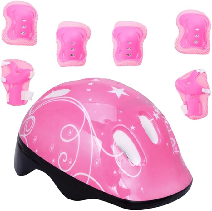 Totority Kids Helmet Knee Elbow Pads: 7pcs Children Skating Helmet Skateboard Knee Gear Wrist Cuff Elbow Protectors Pink