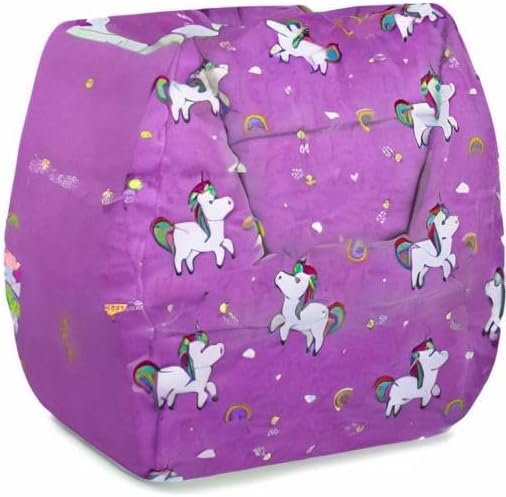 Posh Creations Structured Comfy Bean Bag Chair for Gaming, Reading, and Watching TV, Coronado Chair, Canvas - Unicorn and Rainbows on Purple