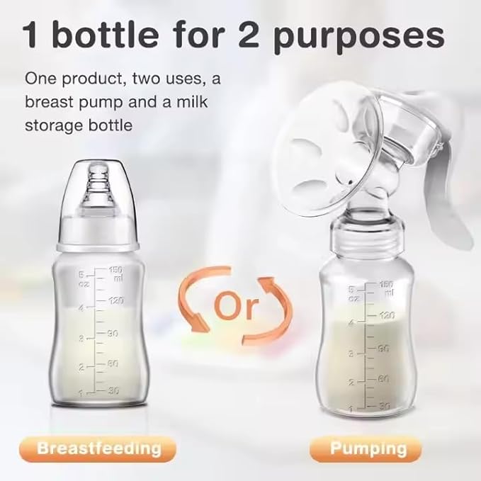 Manual Breast Pump Portable Breastfeeding Pump for Travel, Compact & Easy-to-Use Milk Extractor, Comfortable Handheld Pump for Nursing Moms with Breast Shield 5 Fl Oz/150ml+Lid