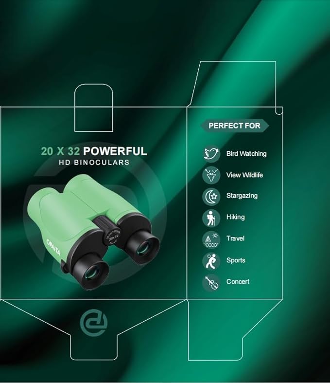 Compact Binoculars for Adults High Powered - OPAITA 20x32 Small Binoculars for Adults Kids with Low Light Vision for Hunting Cruise Ship Travel Concert Hiking Light Green