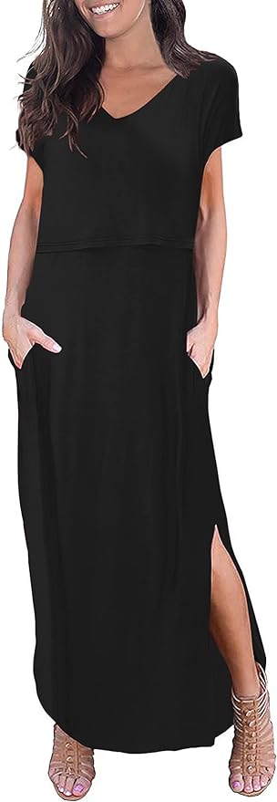 Smallshow Women's Maternity Nursing Dresses Split Long Dress for Breastfeeding